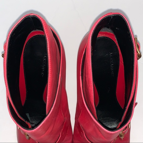Alexander Mc Queen Red Italy Leather Buckle Heel Ankle Boots 38.5 US 8 - Picture 8 of 14